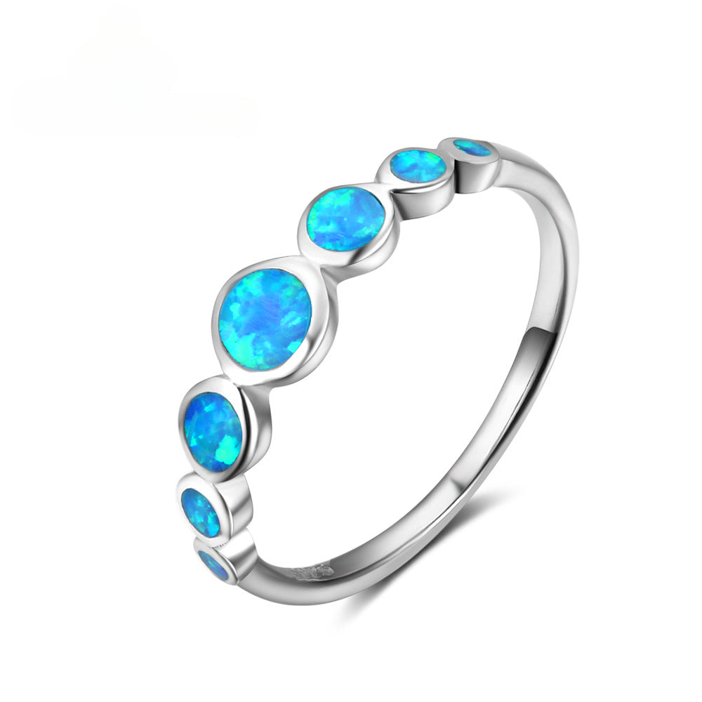 Seven Joint Round Blue Opal Sterling Silver Ring