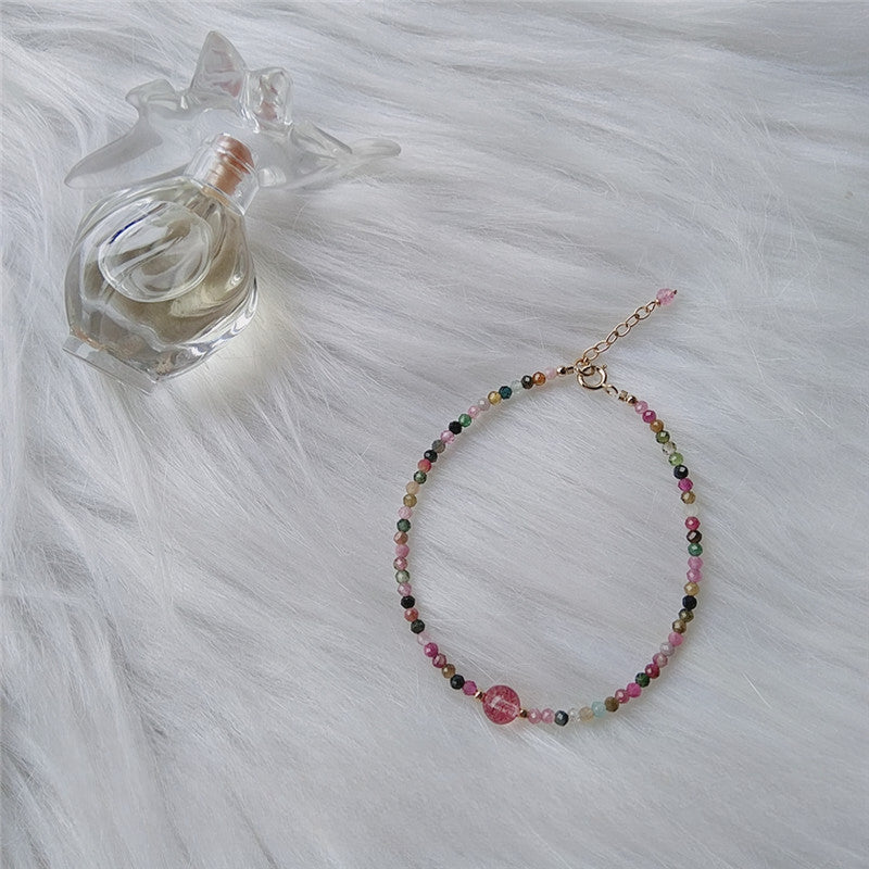 Crystal Bracelet with Strawberry, Peach Blossom, and Tourmaline Crystals