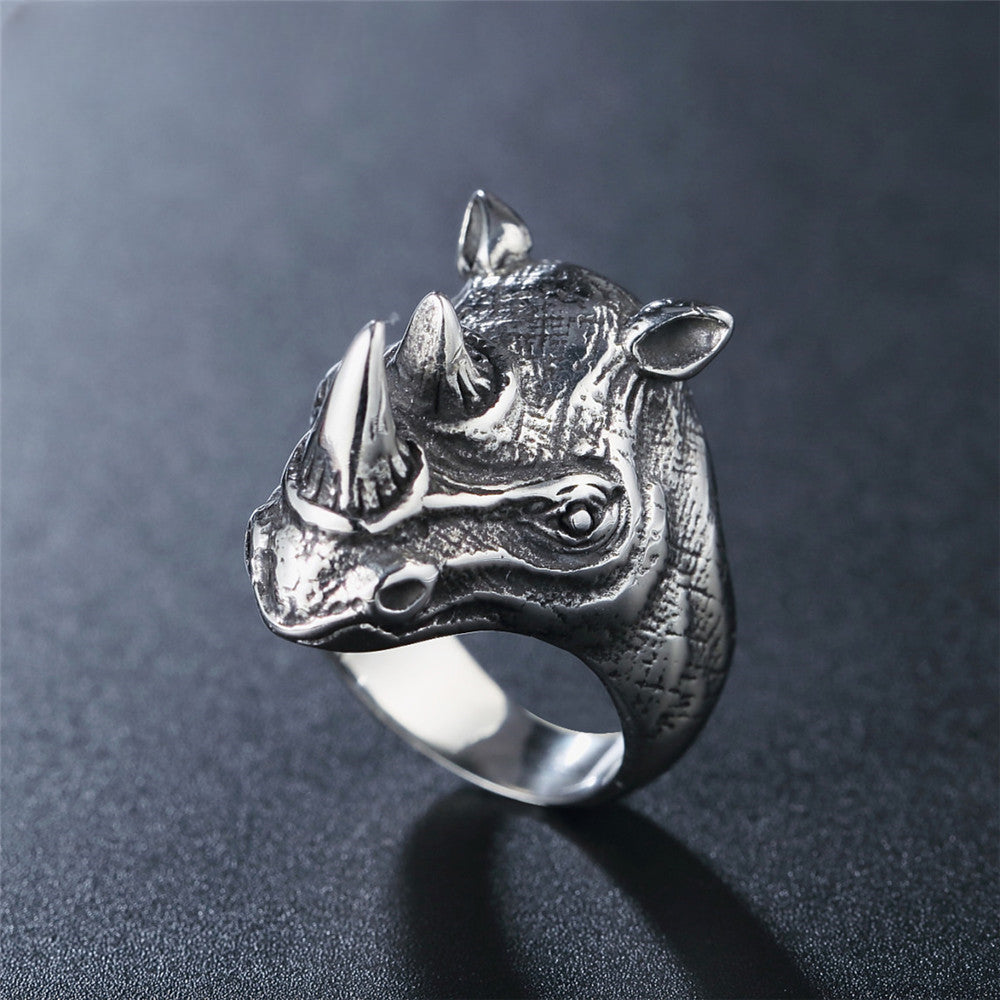 Vintage Rhino Head Titanium Steel Ring for Men