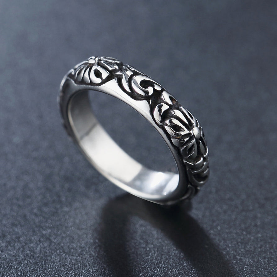 Carved Croix Flower Pattern Titanium Steel Ring for Men