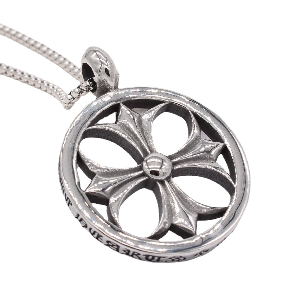 Cross Flower Hollow Round Titanium Steel Necklace for Men