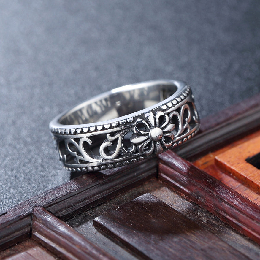 Hollow Carved Cross Flower Pattern Titanium Steel Ring for Men