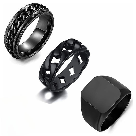 Men's Stainless Steel Seal Ring Set with Decompression Chain Ring and Rotating Black Ring