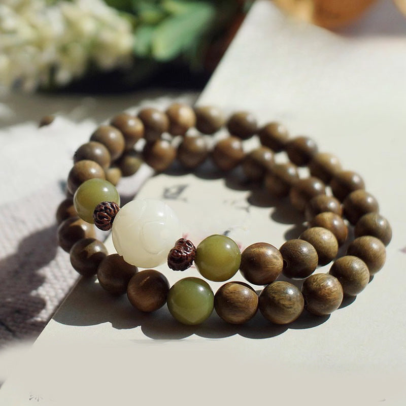 Elegant Chinese Style 8mm Green Sandalwood and Ruyi Bodhi Jade Bracelet with Unique Loop Design