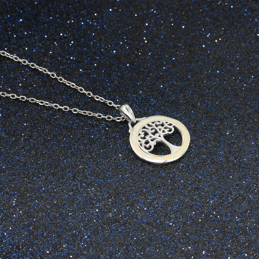 Circular Opal with Life Tree Sterling Silver Necklace