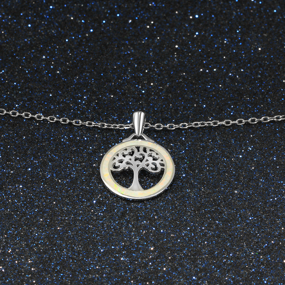 Circular Opal with Life Tree Sterling Silver Necklace