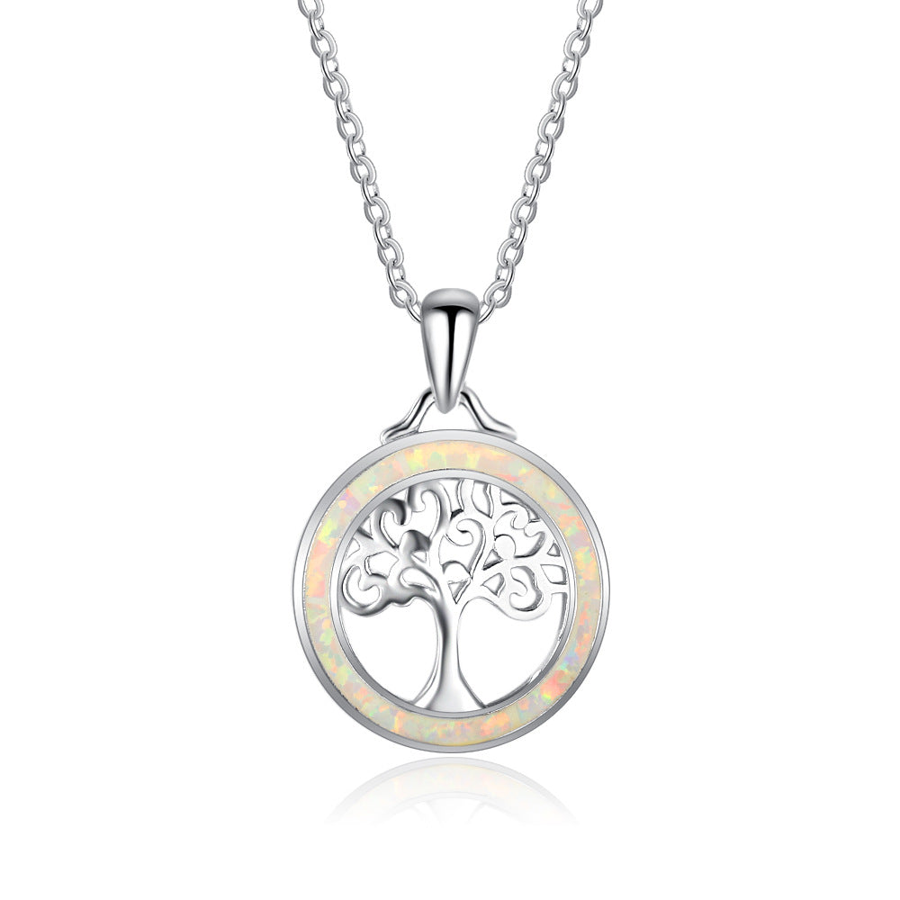 Circular Opal with Life Tree Sterling Silver Necklace