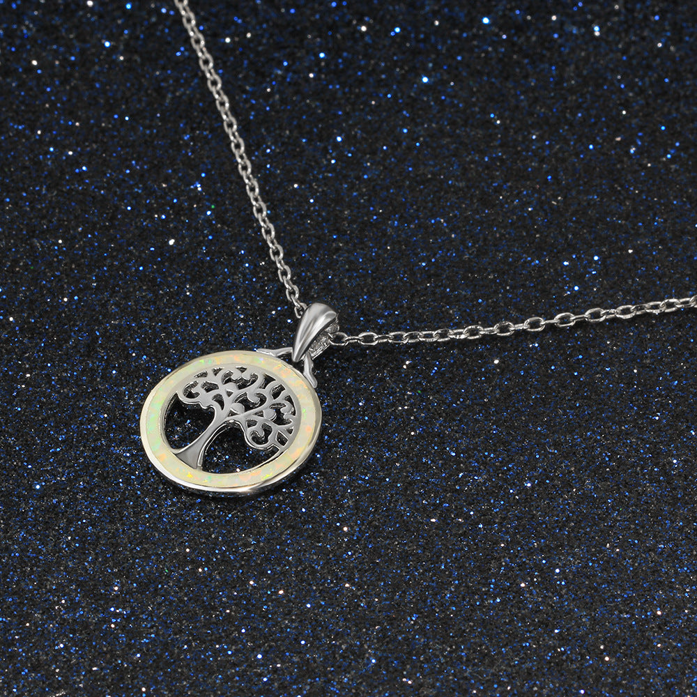 Circular Opal with Life Tree Sterling Silver Necklace