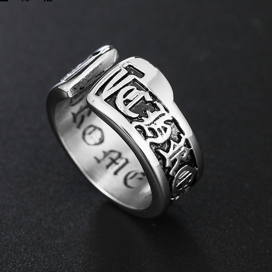 Gothic Text Pattern Opening Titanium Steel Ring for Men