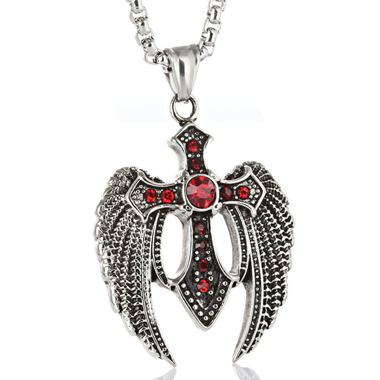 Titanium Steel Eagle Wing Pendant with Red Zircon for Men