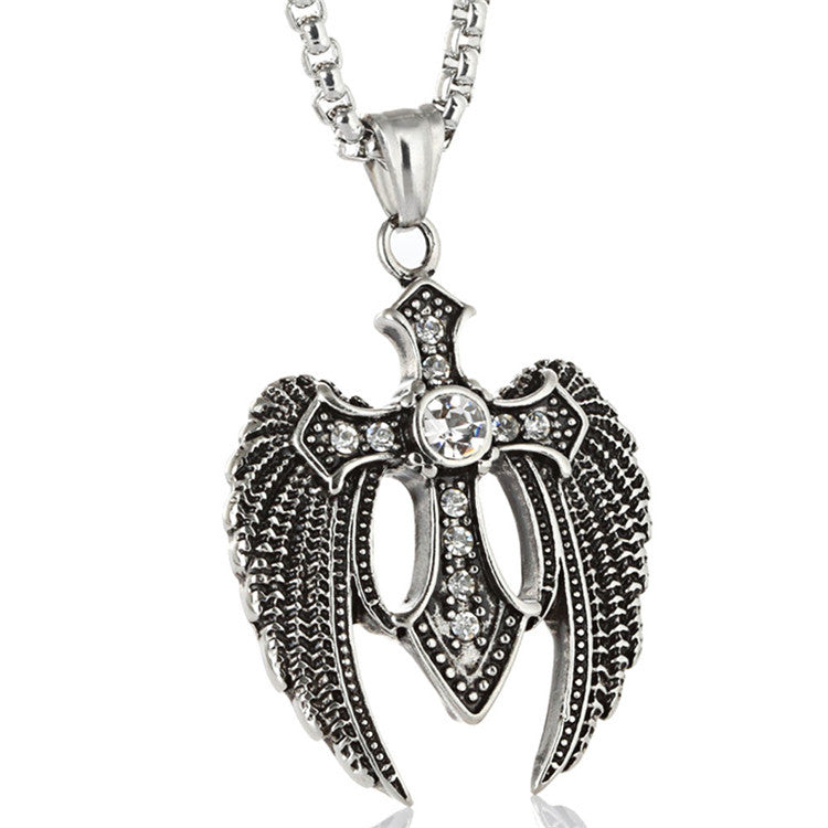 Titanium Steel Eagle Wing Pendant with Red Zircon for Men