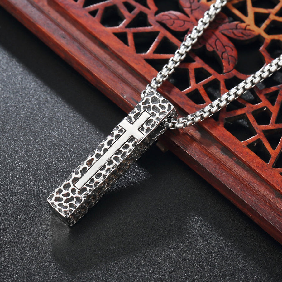 Slim Latin Cross Long Strip Titanium Steel Necklace for Men