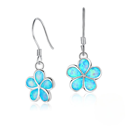 Blue Opal Windmill Flower Sterling Silver Hook Earrings