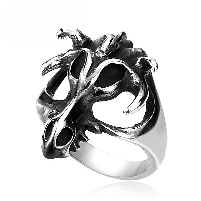 Vintage-Inspired Titanium Steel Antelope Skull Ring for Men - Customizable Domineering Jewelry