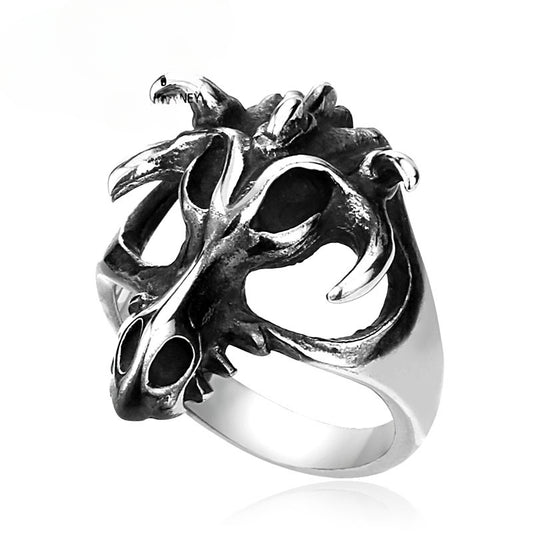 Vintage-Inspired Titanium Steel Antelope Skull Ring for Men - Customizable Domineering Jewelry