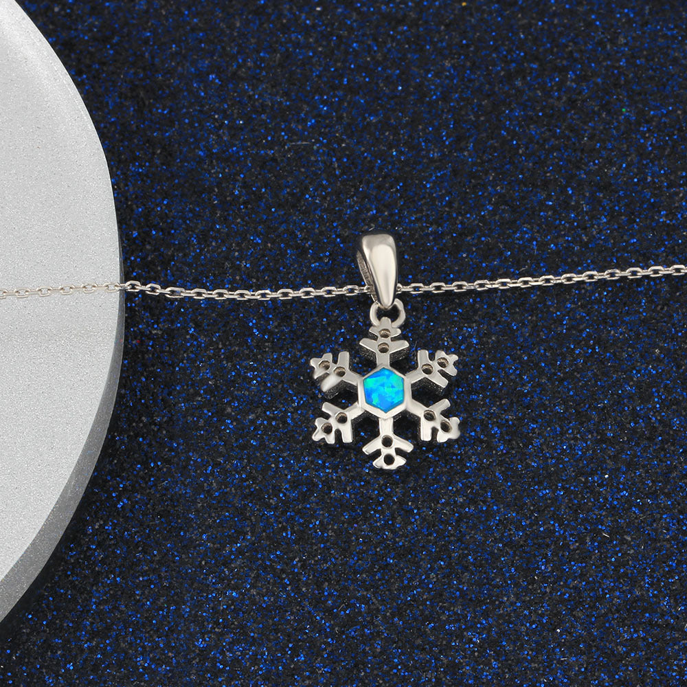 Christmas Snowflake Blue Opal Sterling Silver Necklace