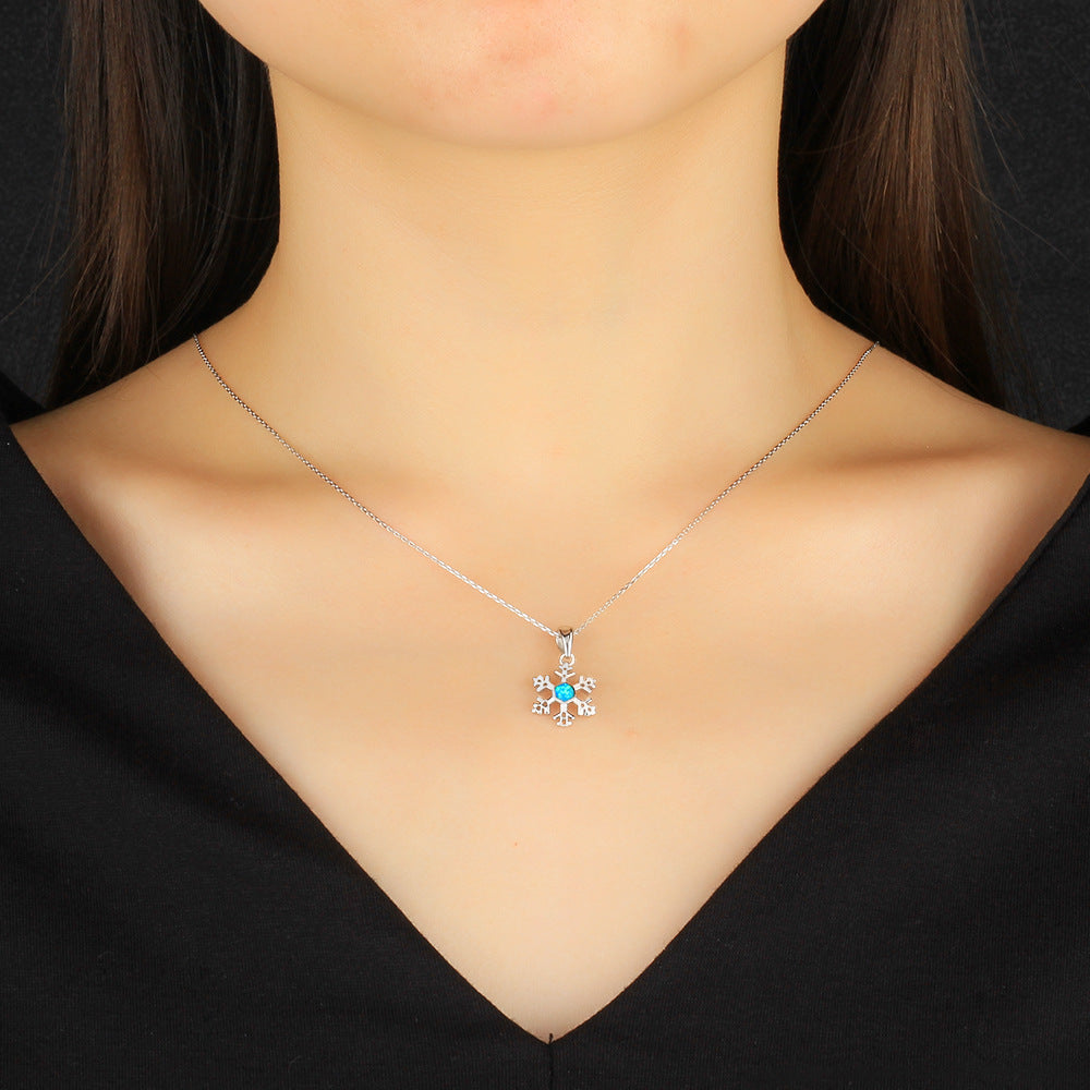 Christmas Snowflake Blue Opal Sterling Silver Necklace