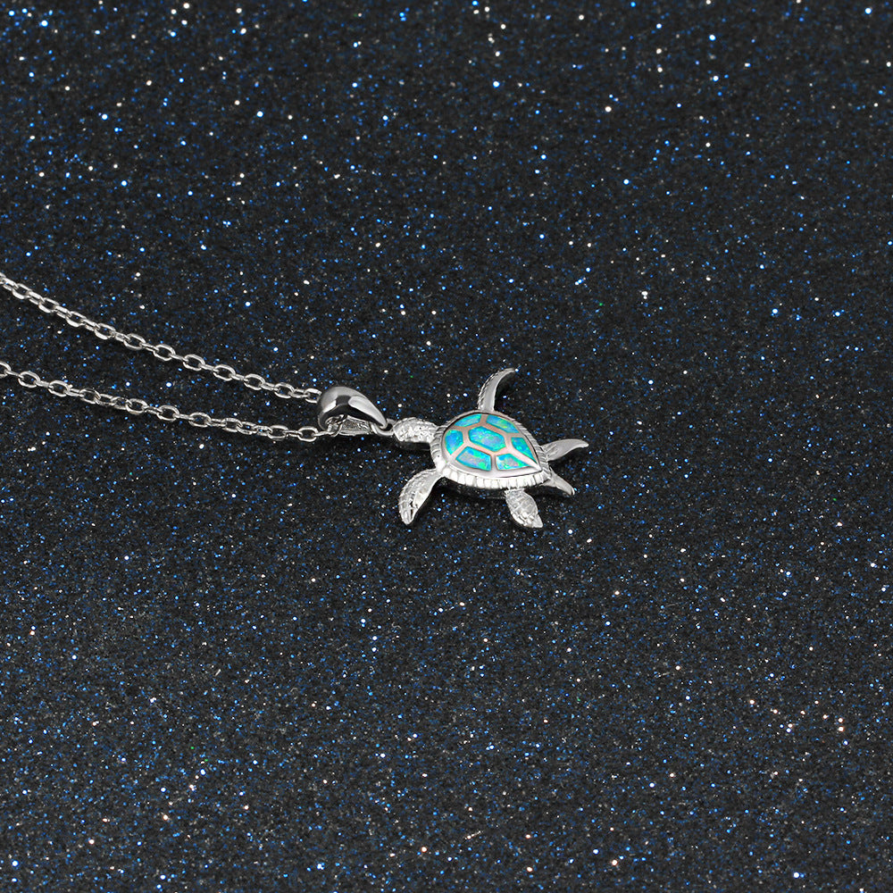 Cute Little Turtle Blue Opal Sterling Silver Necklace