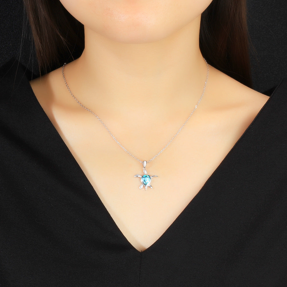 Cute Little Turtle Blue Opal Sterling Silver Necklace