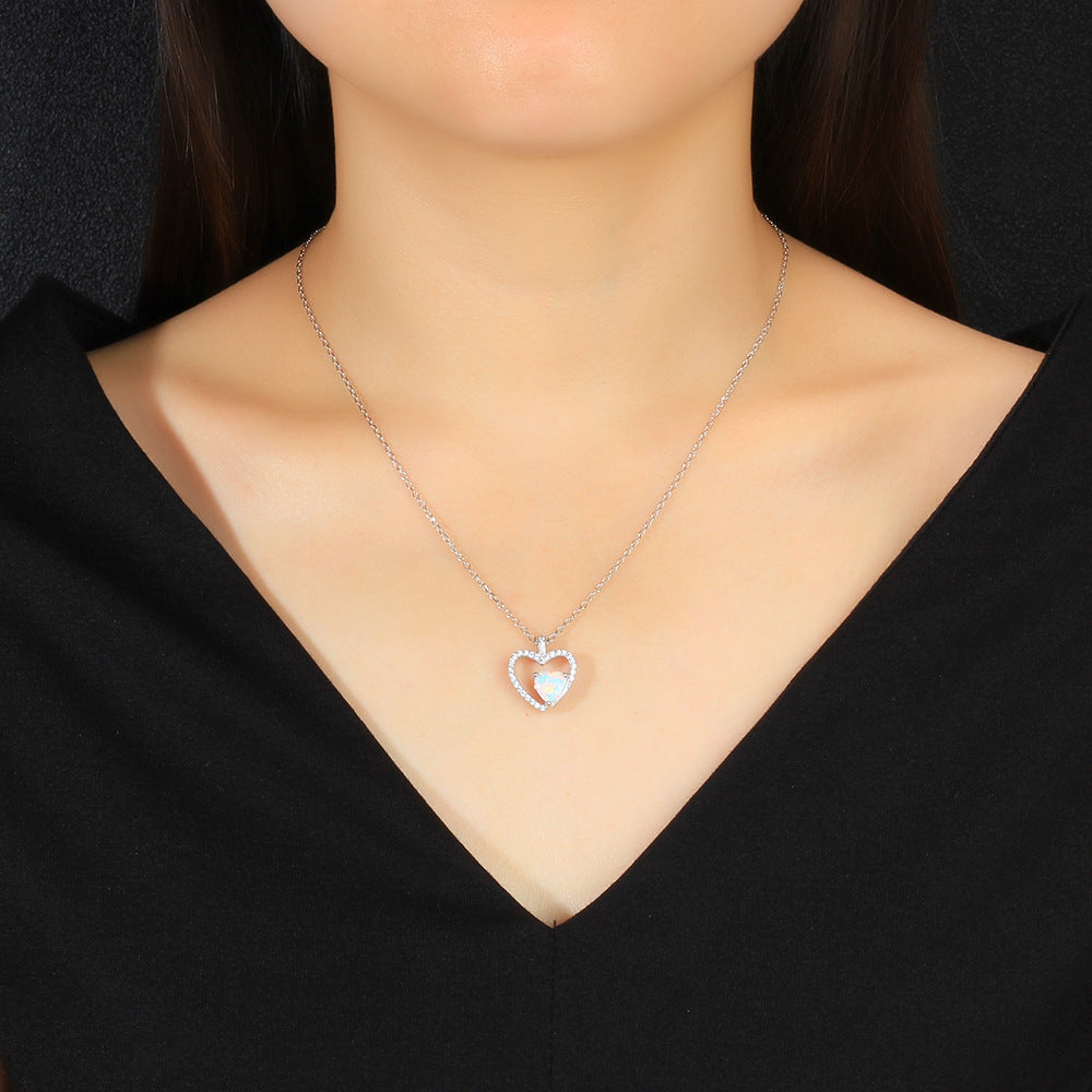 Zircon Hollow Heart Pendant with Heart Shape Opal Sterling Silver Necklace