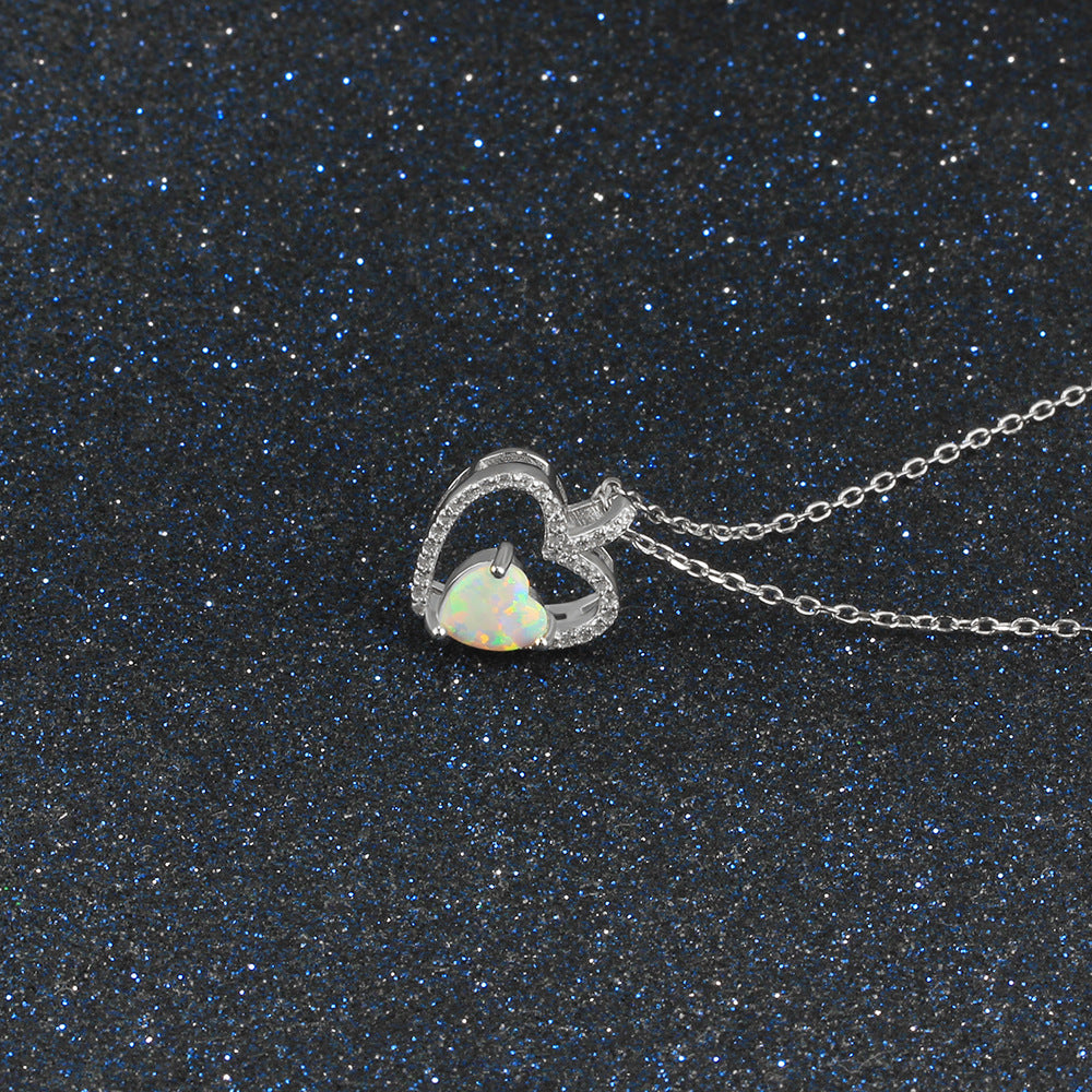 Zircon Hollow Heart Pendant with Heart Shape Opal Sterling Silver Necklace