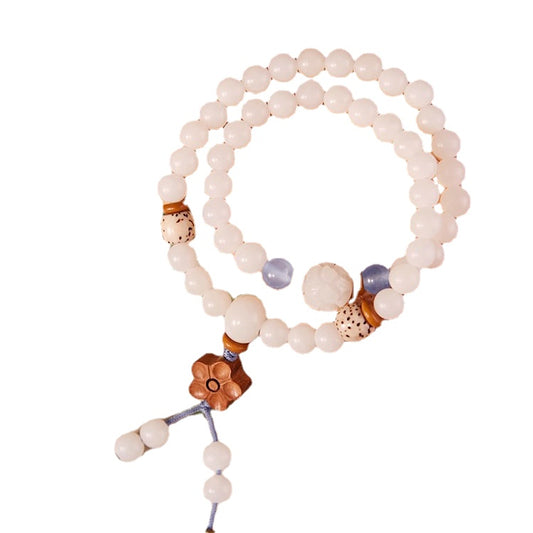 White Jade Bodhi Bracelet with Sterling Silver Charm