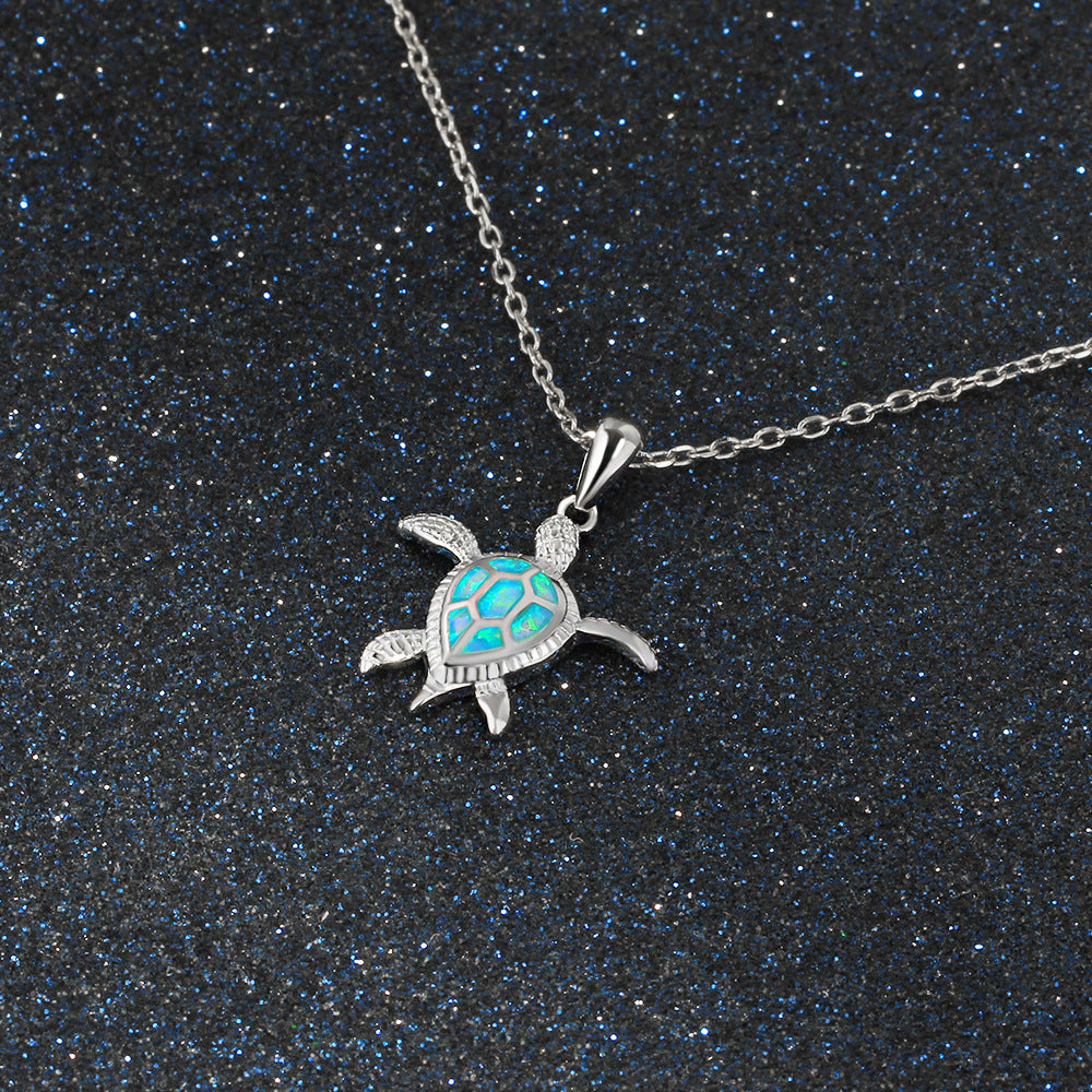 Cute Little Turtle Blue Opal Sterling Silver Necklace