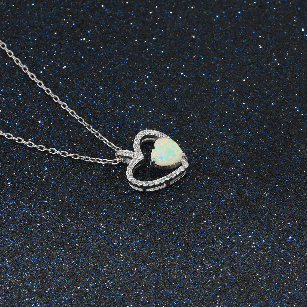 Zircon Hollow Heart Pendant with Heart Shape Opal Sterling Silver Necklace