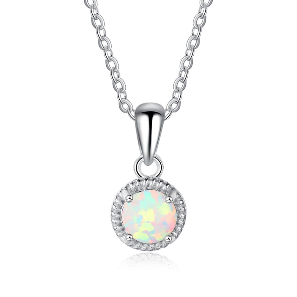 Round Opal Woven Edge Sterling Silver Necklace