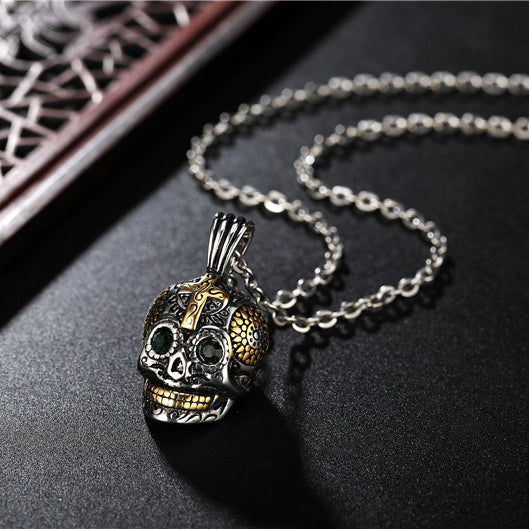 Halloween Ghost Skull Green Zircon Titanium Steel Necklace for Men