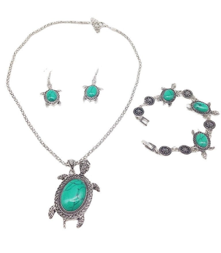 Vintage Turquoise Turtle Jewelry Set - Necklace, Earrings, and Bracelet Trio