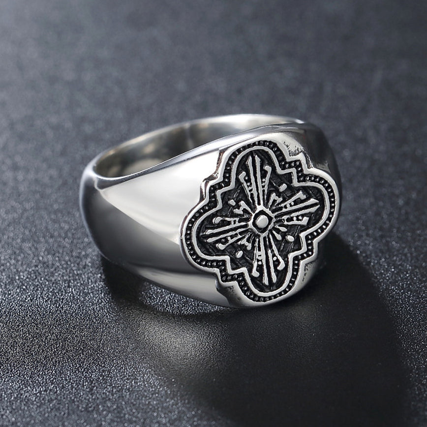 Wide Croix Cross Flower Titanium Steel Ring for Men