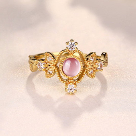 Vintage Luxury Round Shape Pink Crystal Opening Silver Ring