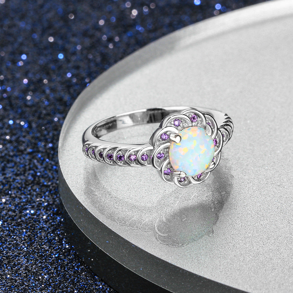 Round Opal Flower Halo Zircon Sterling Silver Ring