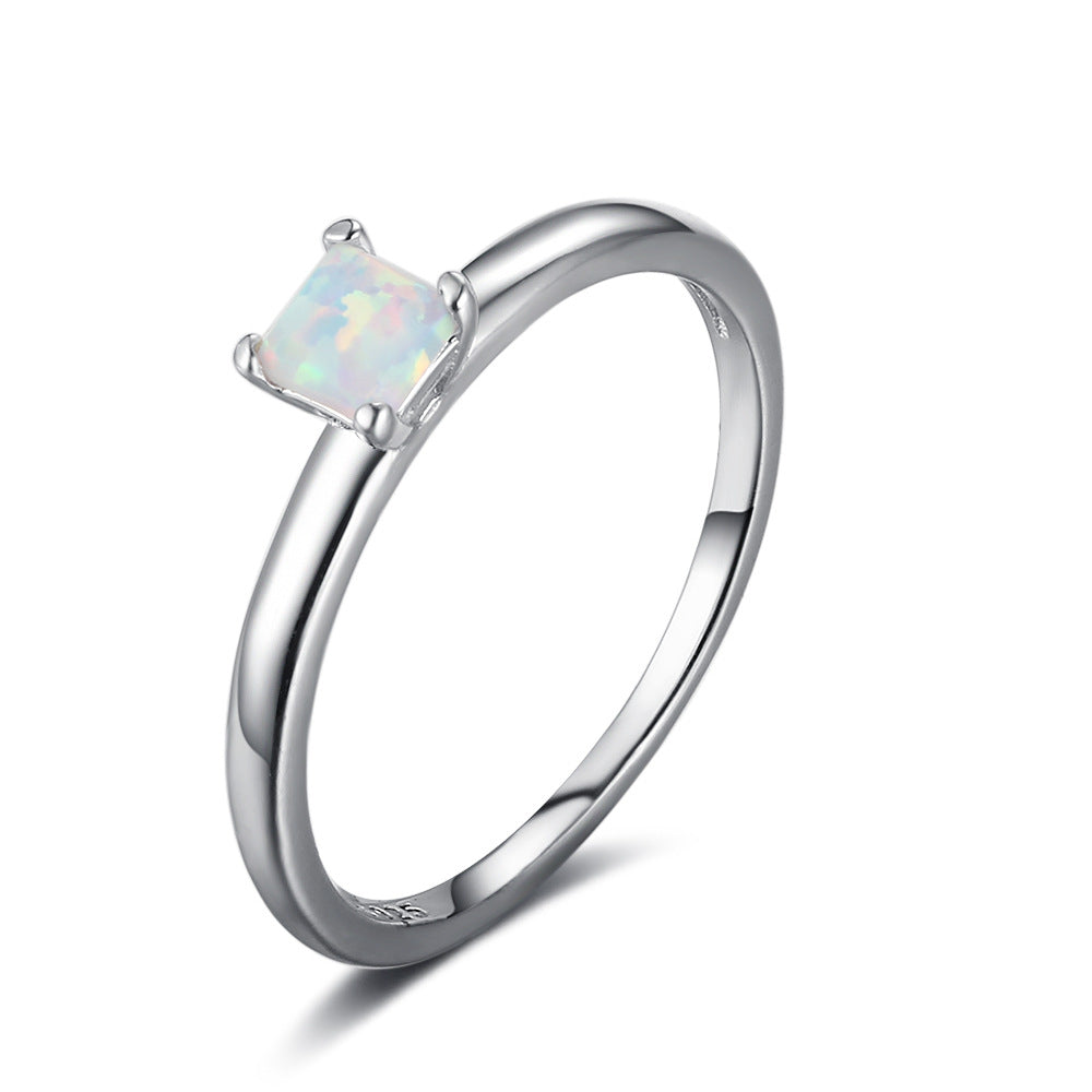 Simple Four Prongs Square Opal Sterling Silver Ring