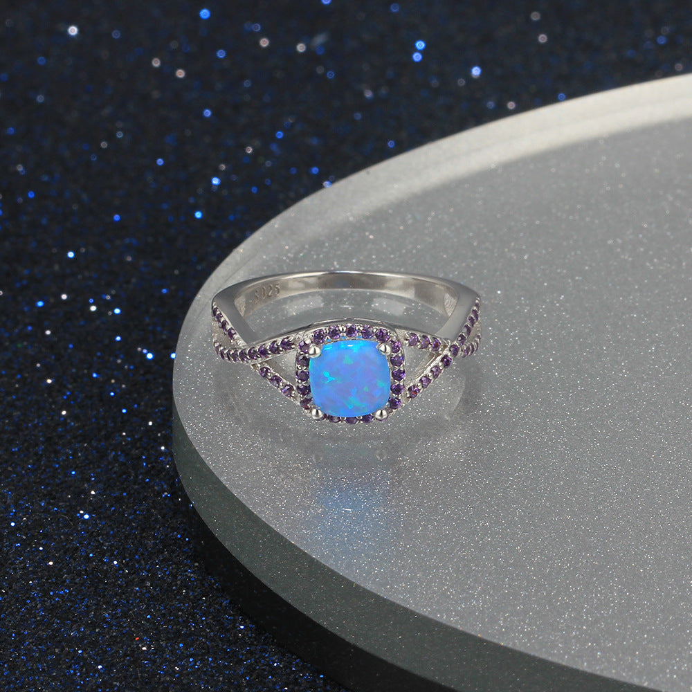 Square Opal Soleste Halo Purple Zircon Sterling Silver Ring