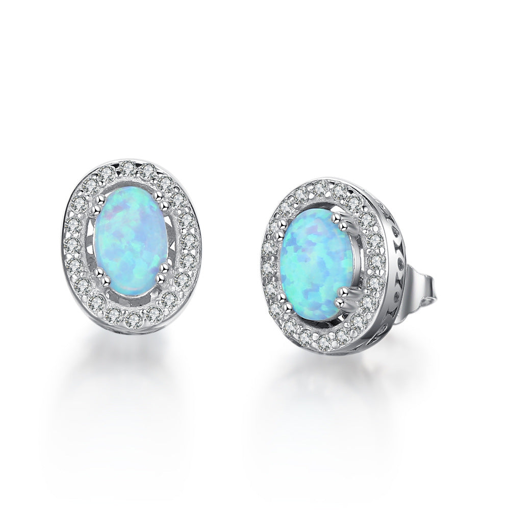 Blue Oval Opal Zircon Soleste Halo Sterling Silver Stud Earrings