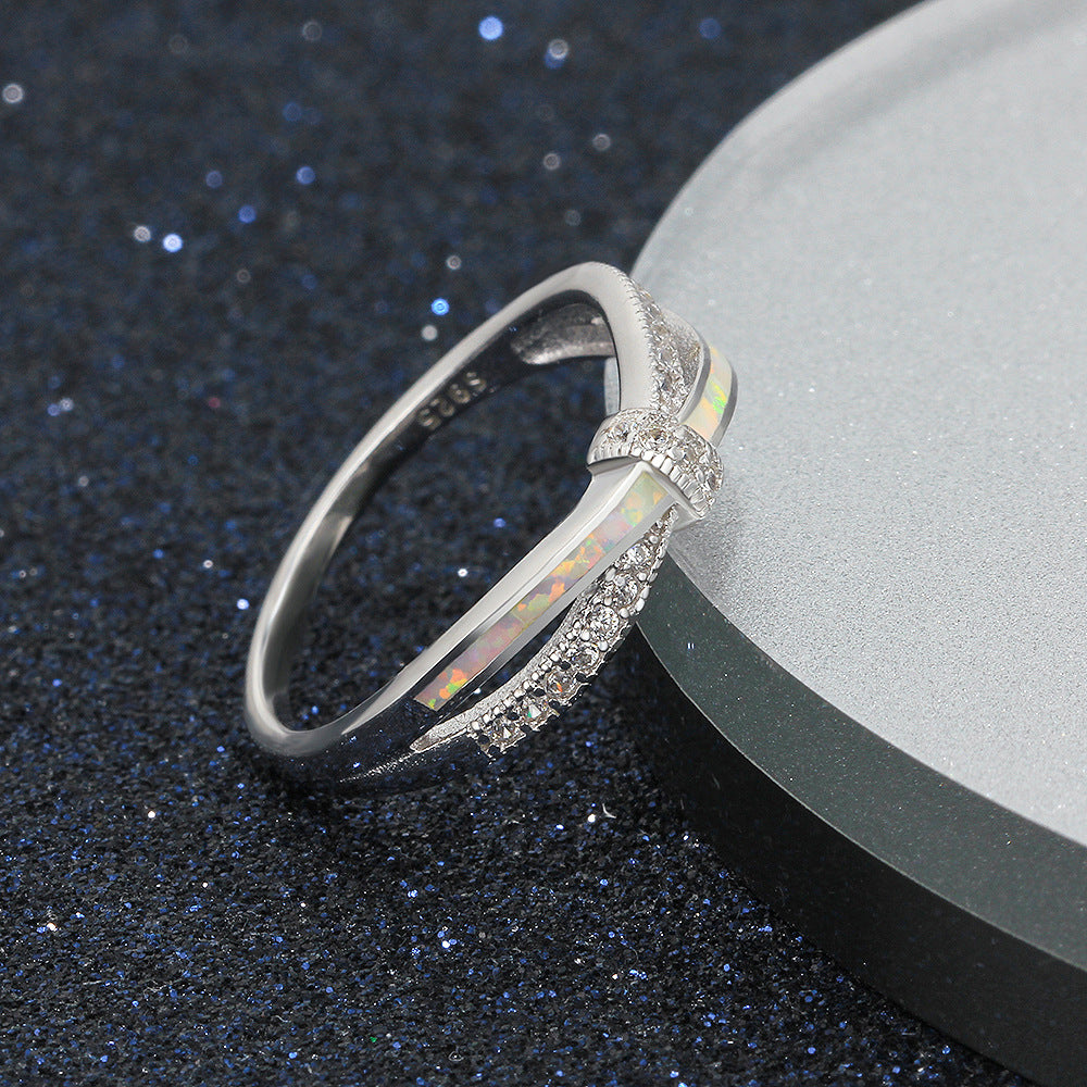 Opal and Zircon X Knot Sterling Silver Ring