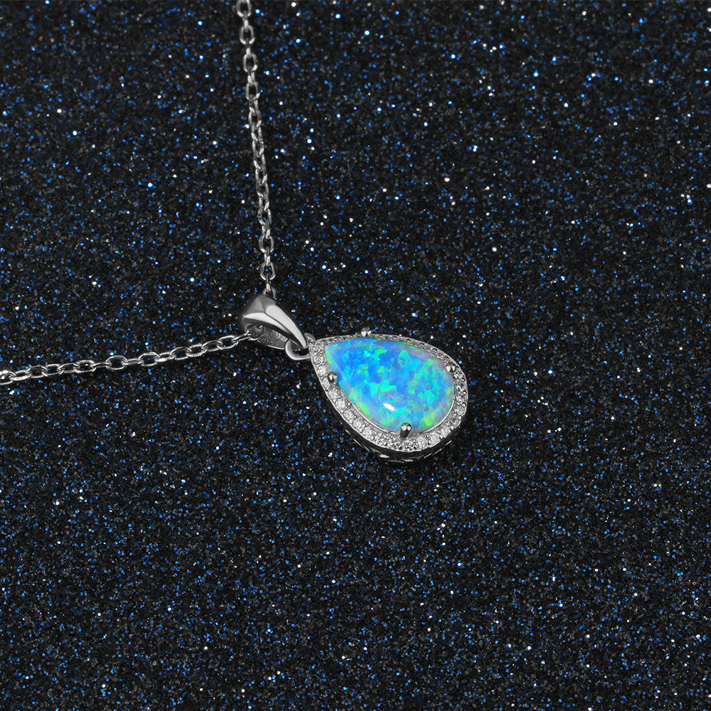 Pear Shape Blue Opal Zircon Soleste Halo Sterling Silver Necklace