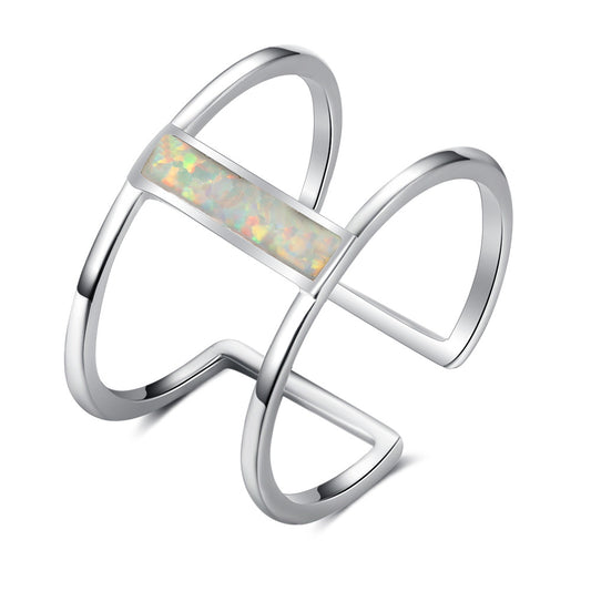 Long Rectangle Opal Ultra Wide Opening Sterling Silver Ring