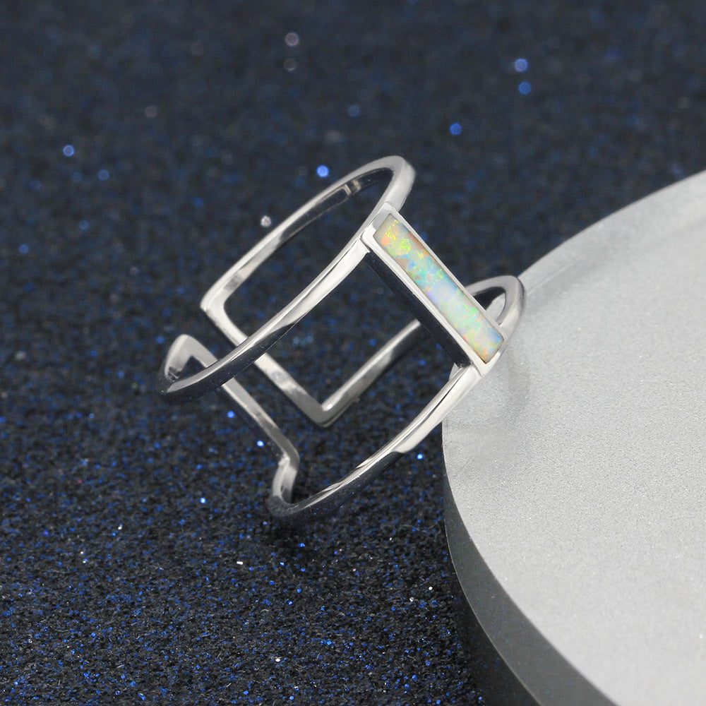 Long Rectangle Opal Ultra Wide Opening Sterling Silver Ring