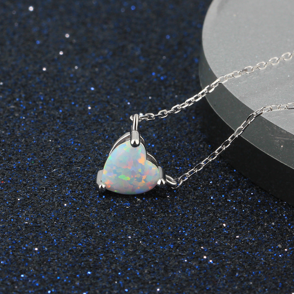 Solitaire Heart Shape Opal Sterling Silver Necklace