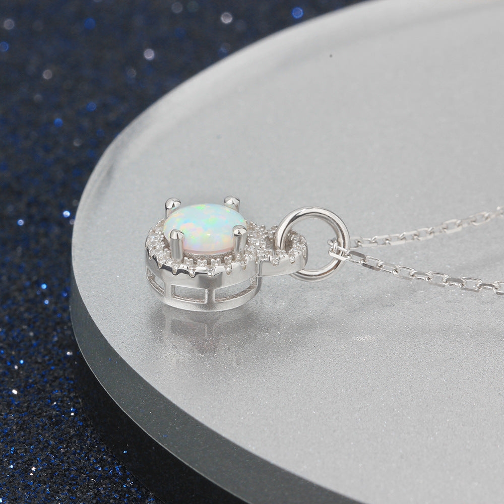 Round Opal Zircon Circular Lock Sterling Silver Necklace