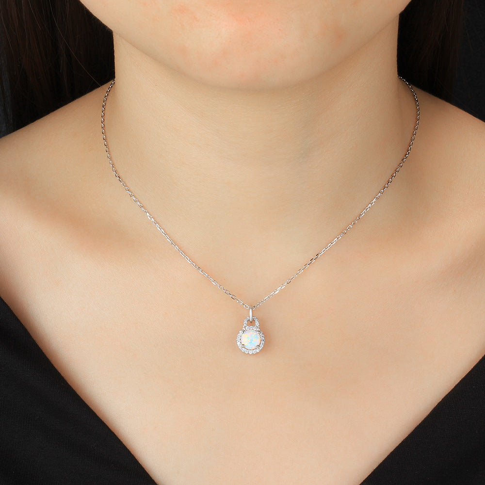 Round Opal Zircon Circular Lock Sterling Silver Necklace