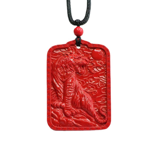 Cinnabar Tiger Square Sterling Silver Pendant with Vermilion Stone