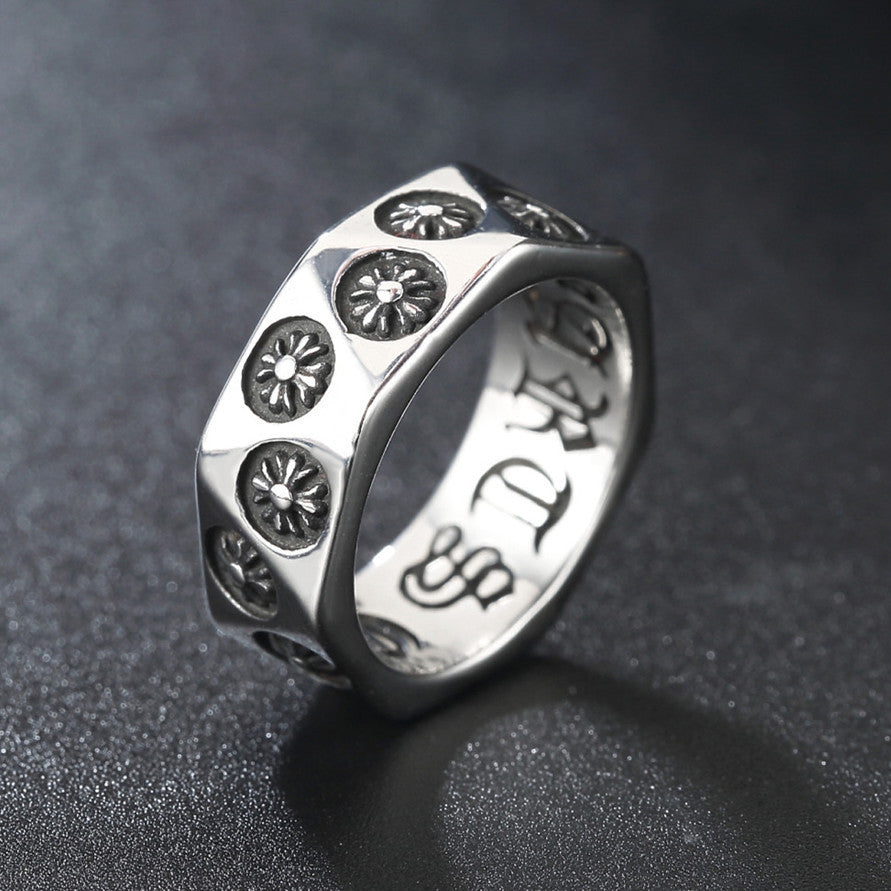 Cross Flower Triangle Surface Gothic Text Titanium Steel Ring for Men