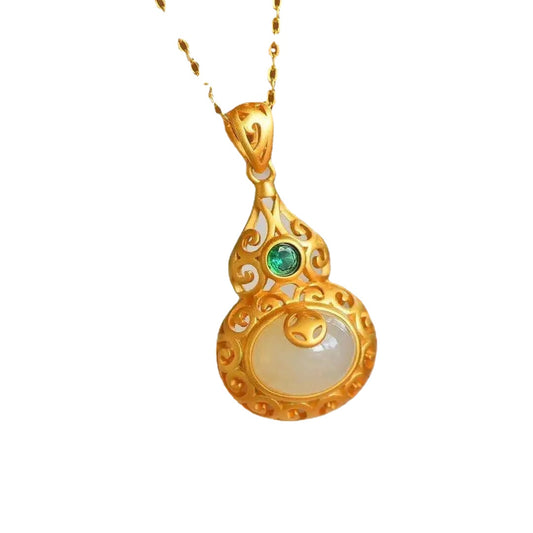 Elegant Sterling Silver Hotan Jade Pendant with Green Zircon Gourd Design Necklace