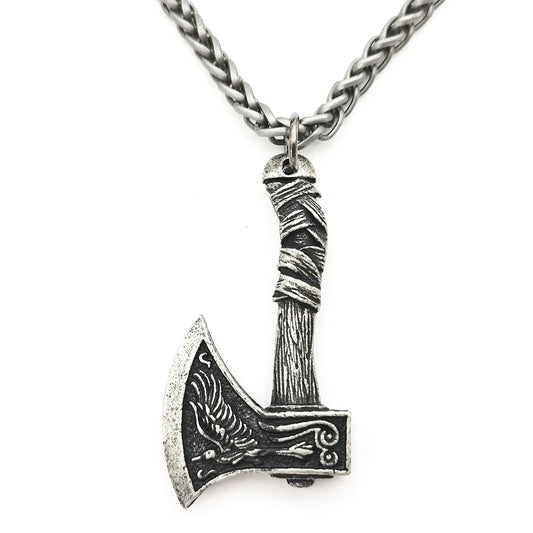 Viking Pirate Celtic Wolf Crow Double-Sided Axe Pendant Men's Necklace - Norse Legacy Collection