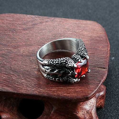 Retro Domineering Titanium Steel Ring with Paw Red Zircon for Men