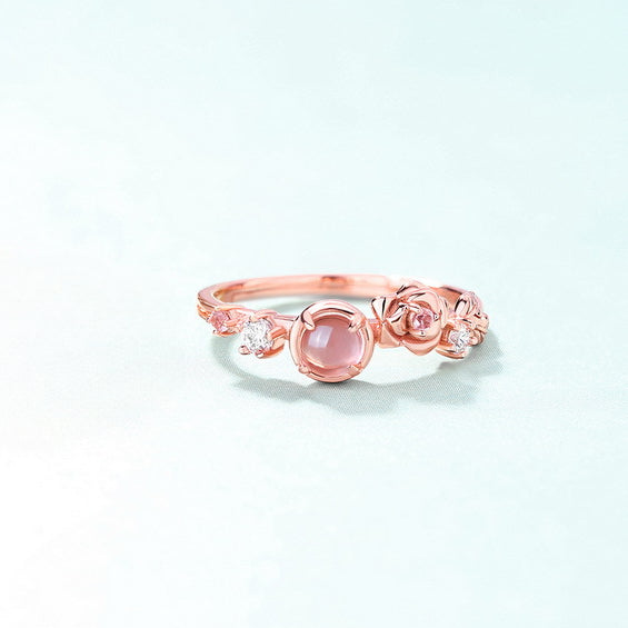 Round Shape Pink Crystal Rose Opening Silver Ring